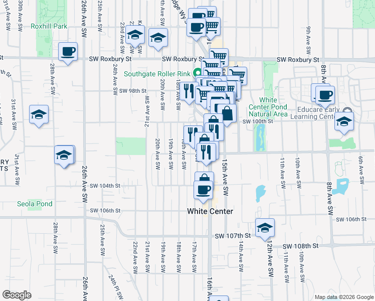 map of restaurants, bars, coffee shops, grocery stores, and more near 10043 17th Avenue Southwest in Seattle