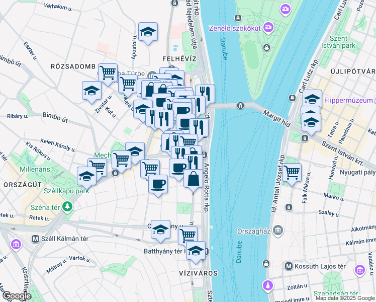 map of restaurants, bars, coffee shops, grocery stores, and more near in Budapest