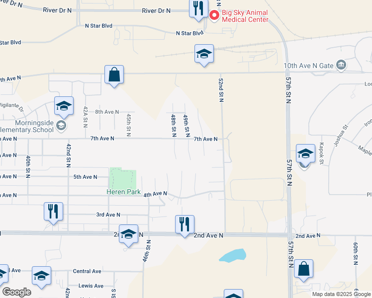 map of restaurants, bars, coffee shops, grocery stores, and more near 4812 7th Avenue North in Great Falls