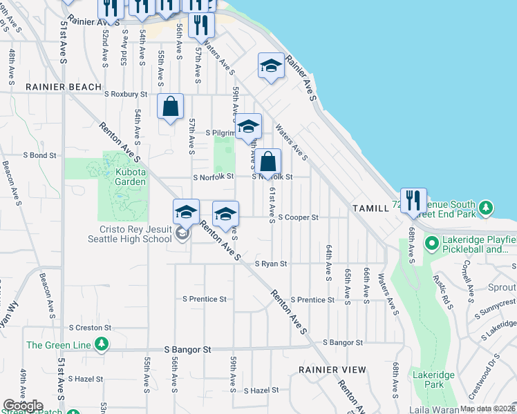 map of restaurants, bars, coffee shops, grocery stores, and more near 9829 61st Avenue South in Seattle