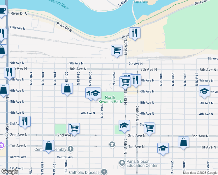 map of restaurants, bars, coffee shops, grocery stores, and more near 2319 Northern Lights Drive in Great Falls