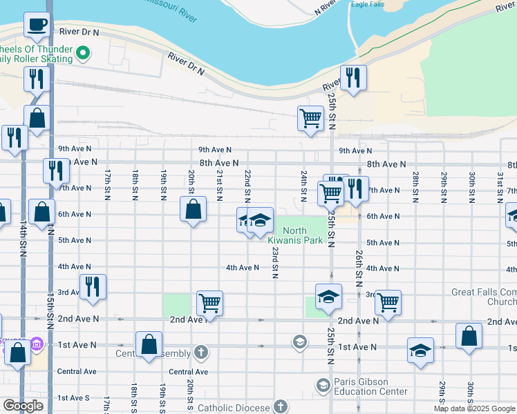 map of restaurants, bars, coffee shops, grocery stores, and more near 2214 23rd Street North in Great Falls