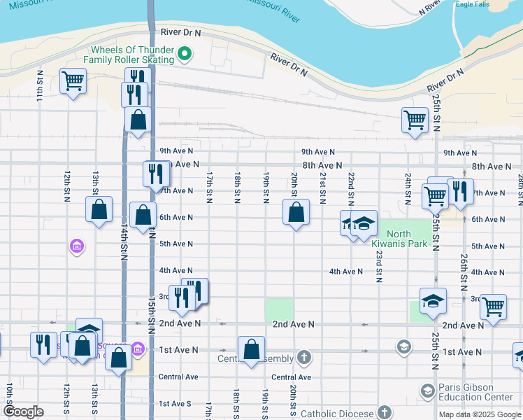 map of restaurants, bars, coffee shops, grocery stores, and more near 651-699 19th Street North in Great Falls