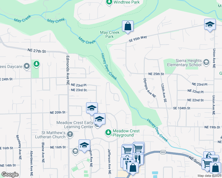 map of restaurants, bars, coffee shops, grocery stores, and more near 2300 Jefferson Avenue Northeast in Renton