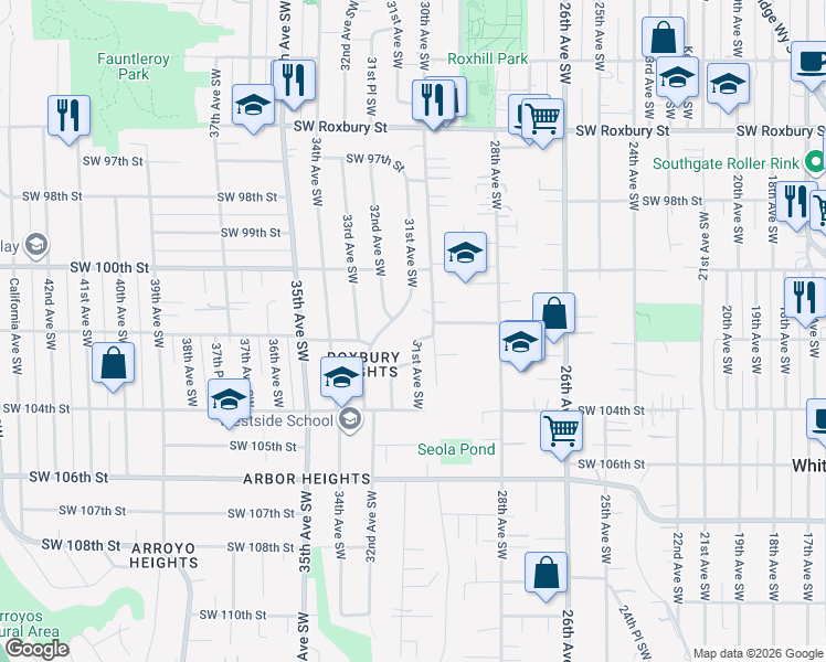 map of restaurants, bars, coffee shops, grocery stores, and more near 10041 30th Avenue Southwest in Seattle