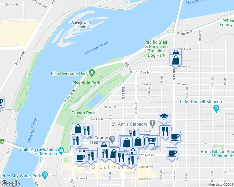 map of restaurants, bars, coffee shops, grocery stores, and more near 609 Park Drive North in Great Falls