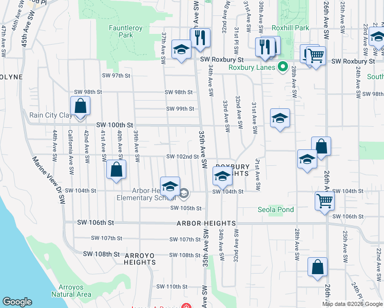 map of restaurants, bars, coffee shops, grocery stores, and more near 3522 Southwest 102nd Street in Seattle