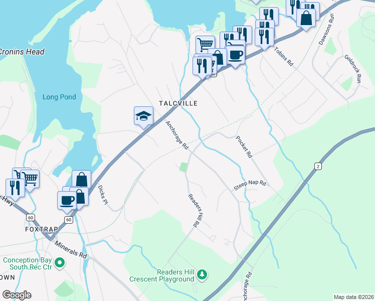 map of restaurants, bars, coffee shops, grocery stores, and more near 33 Anchorage Road in Conception Bay South
