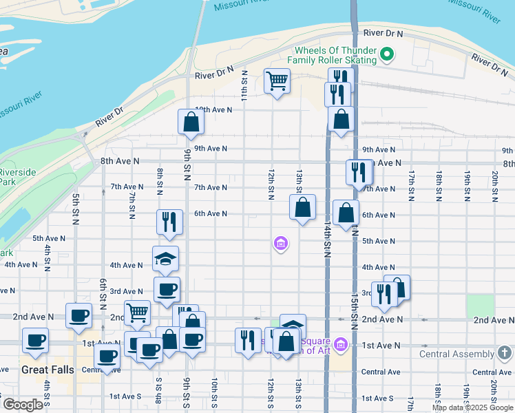 map of restaurants, bars, coffee shops, grocery stores, and more near 617 11th Street North in Great Falls