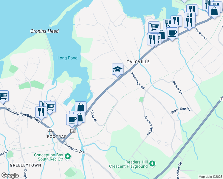 map of restaurants, bars, coffee shops, grocery stores, and more near 277 Conception Bay Highway in Conception Bay South