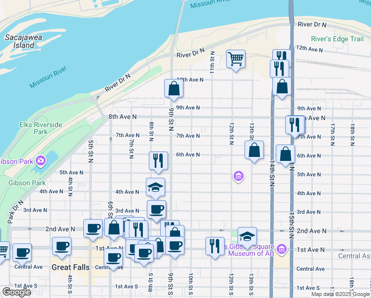 map of restaurants, bars, coffee shops, grocery stores, and more near 912 7th Avenue North in Great Falls