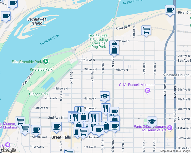 map of restaurants, bars, coffee shops, grocery stores, and more near 612 7th Street North in Great Falls