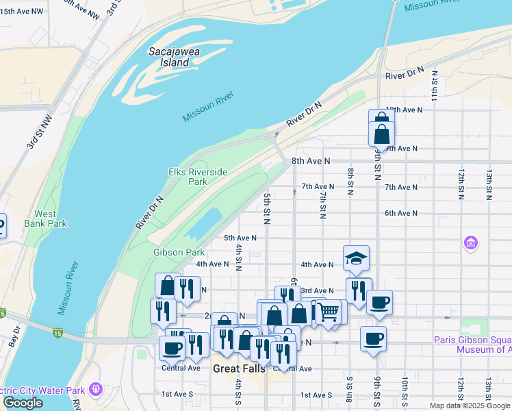 map of restaurants, bars, coffee shops, grocery stores, and more near 609 Park Drive North in Great Falls