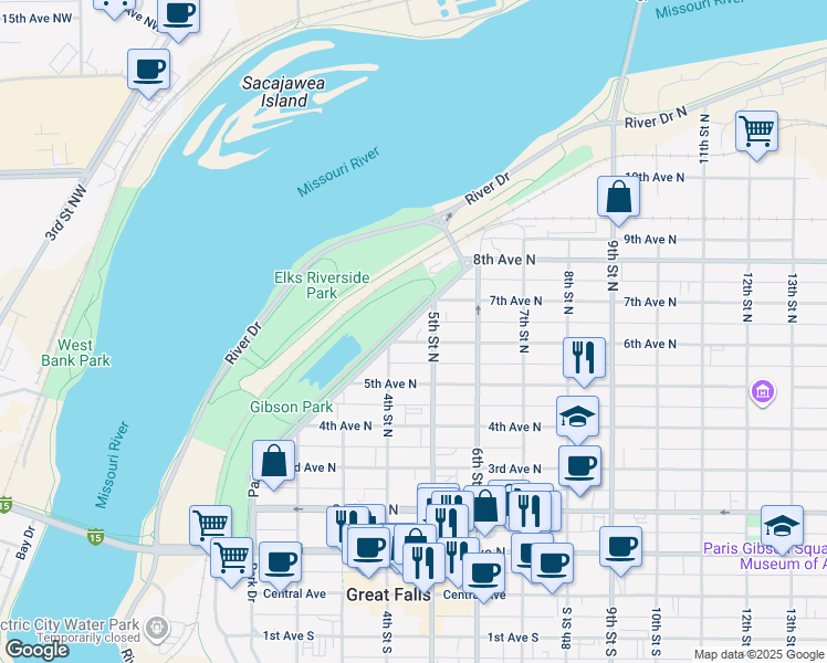 map of restaurants, bars, coffee shops, grocery stores, and more near 609 Park Drive North in Great Falls