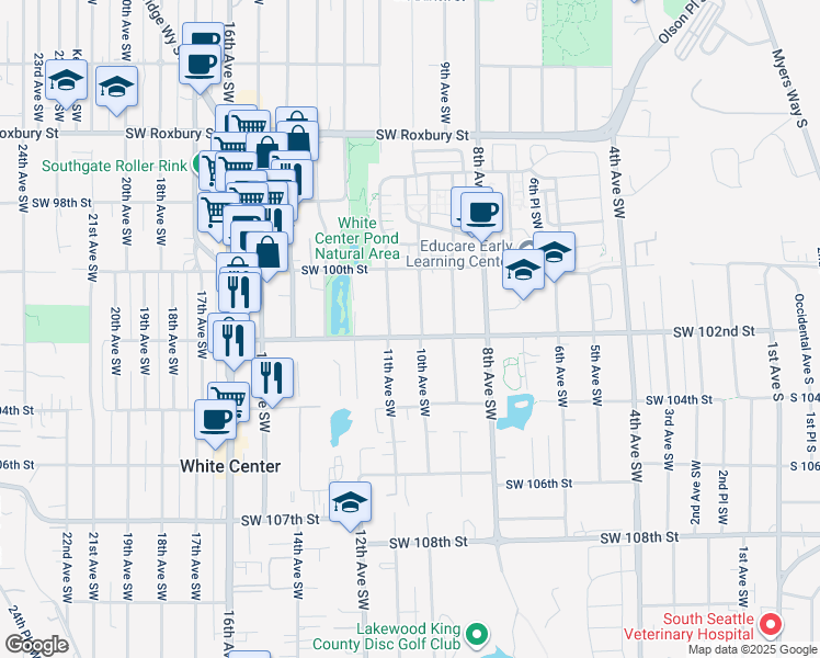 map of restaurants, bars, coffee shops, grocery stores, and more near 10040 10th Avenue Southwest in Seattle