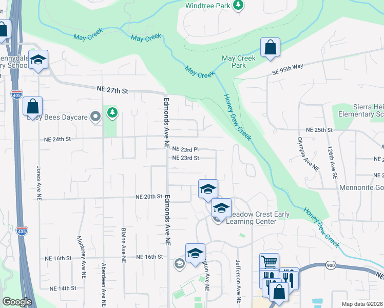 map of restaurants, bars, coffee shops, grocery stores, and more near 2608 Northeast 23rd Place in Renton