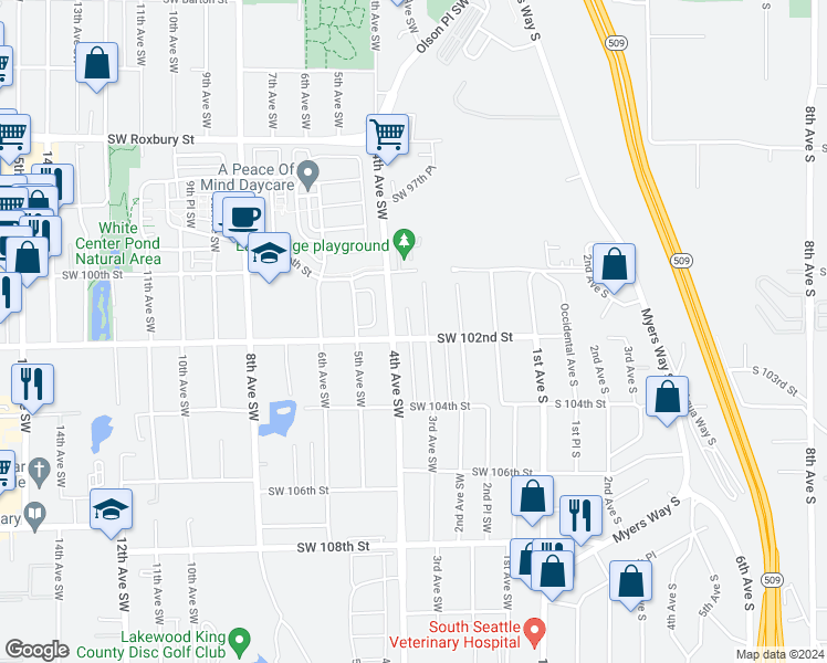map of restaurants, bars, coffee shops, grocery stores, and more near 310 Southwest 102nd Street in Seattle