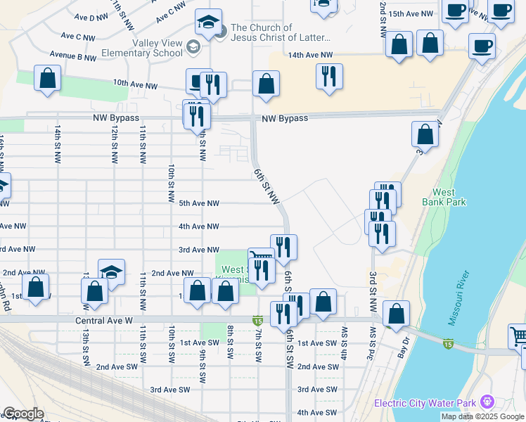map of restaurants, bars, coffee shops, grocery stores, and more near 624 5th Avenue Northwest in Great Falls