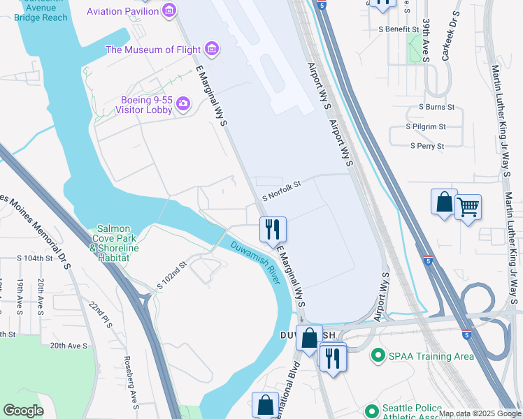 map of restaurants, bars, coffee shops, grocery stores, and more near 10100 East Marginal Way South in Tukwila