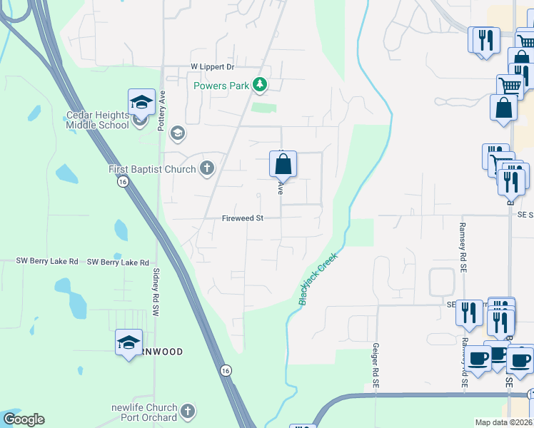 map of restaurants, bars, coffee shops, grocery stores, and more near 223 Fireweed Street in Port Orchard