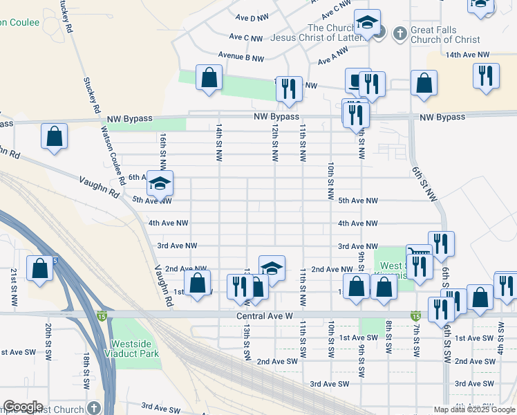 map of restaurants, bars, coffee shops, grocery stores, and more near 1204 5th Avenue Northwest in Great Falls