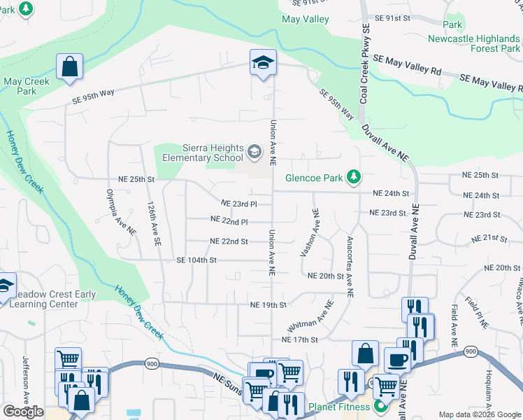 map of restaurants, bars, coffee shops, grocery stores, and more near 3919 Northeast 23rd Place in Renton