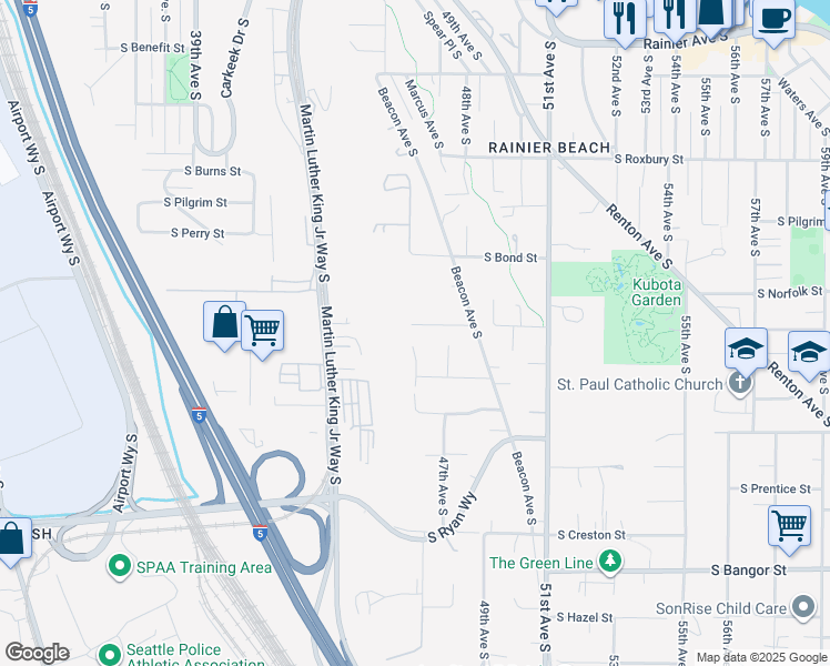 map of restaurants, bars, coffee shops, grocery stores, and more near 4601 South Gazelle Street in Seattle