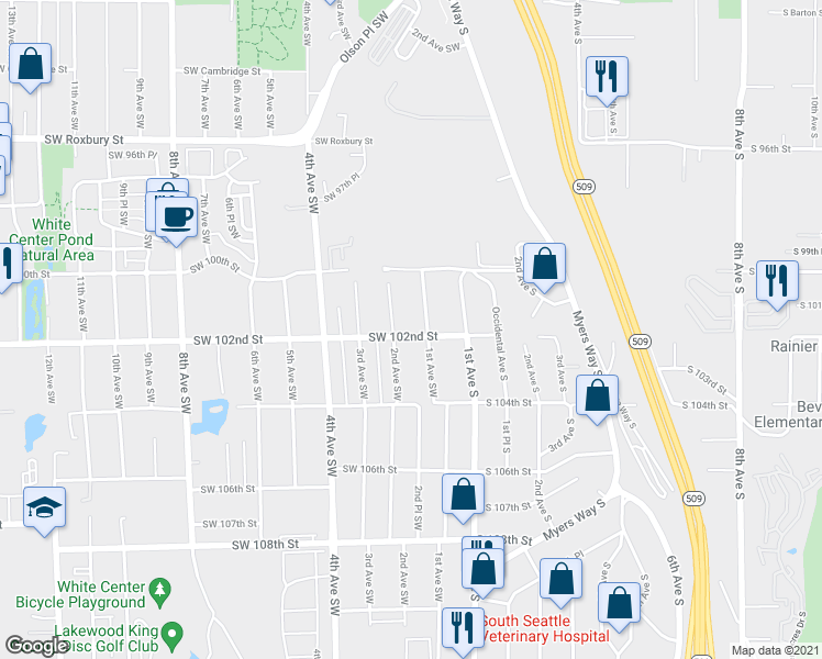 map of restaurants, bars, coffee shops, grocery stores, and more near 10044 1st Avenue Southwest in Seattle