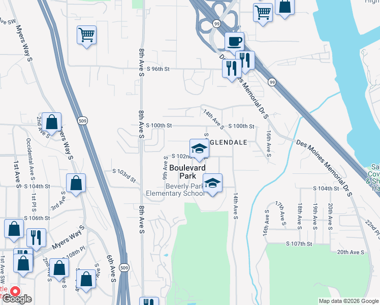 map of restaurants, bars, coffee shops, grocery stores, and more near 1026 South 102nd Street in Seattle