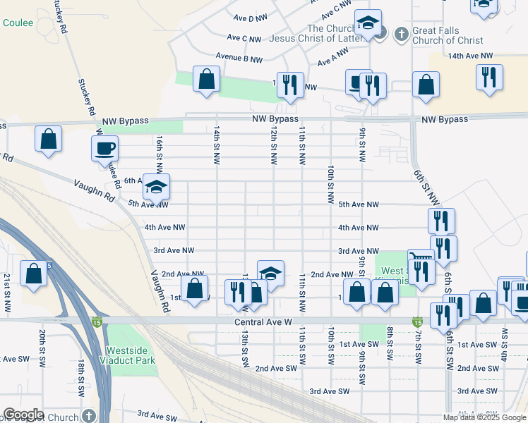 map of restaurants, bars, coffee shops, grocery stores, and more near 1204 5th Avenue Northwest in Great Falls