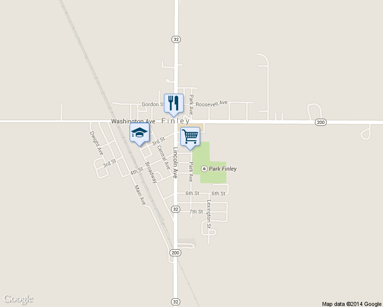 map of restaurants, bars, coffee shops, grocery stores, and more near Park Avenue in Finley