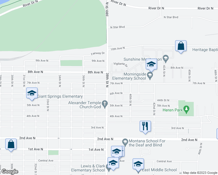 map of restaurants, bars, coffee shops, grocery stores, and more near 609 38th Street North in Great Falls