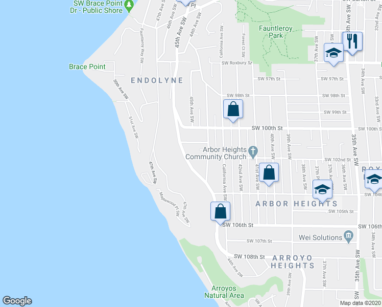 map of restaurants, bars, coffee shops, grocery stores, and more near 4432 Southwest 102nd Street in Seattle