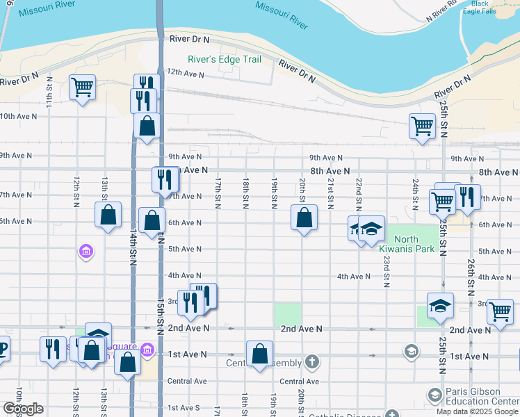 map of restaurants, bars, coffee shops, grocery stores, and more near 613-617 18th Street North in Great Falls