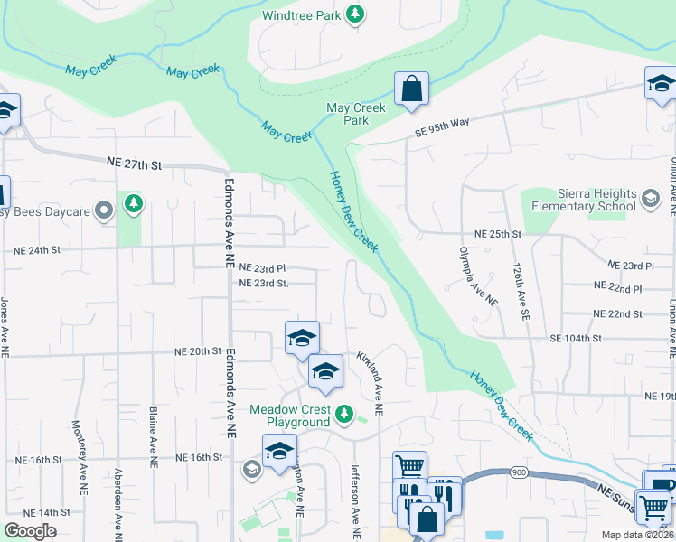 map of restaurants, bars, coffee shops, grocery stores, and more near 2814 Northeast 23rd Place in Renton