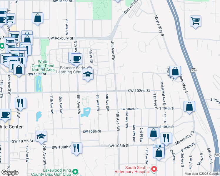 map of restaurants, bars, coffee shops, grocery stores, and more near in White Center