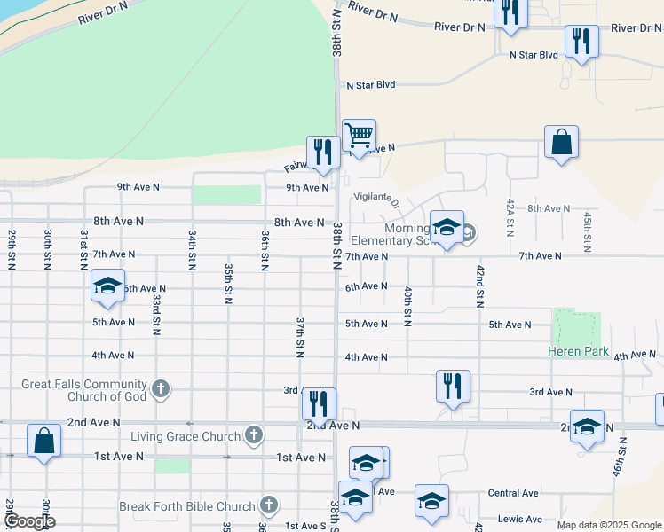 map of restaurants, bars, coffee shops, grocery stores, and more near 3724 7th Avenue North in Great Falls