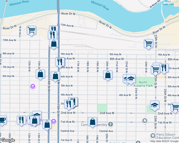 map of restaurants, bars, coffee shops, grocery stores, and more near 613 18th Street North in Great Falls