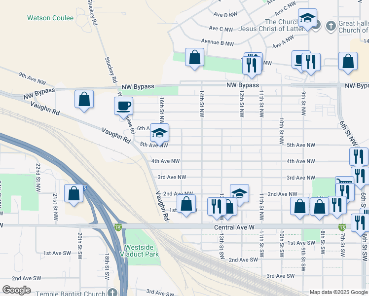 map of restaurants, bars, coffee shops, grocery stores, and more near 1426 5th Avenue Northwest in Great Falls