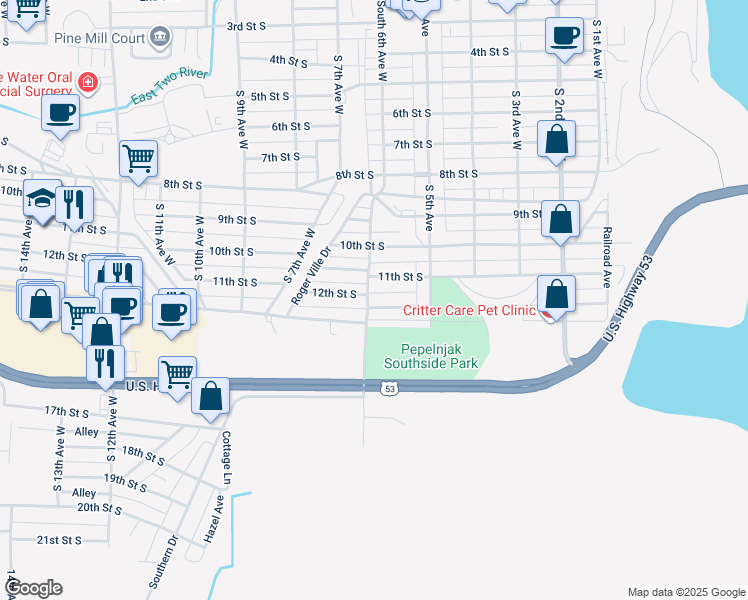 map of restaurants, bars, coffee shops, grocery stores, and more near 535 12th Street South in Virginia