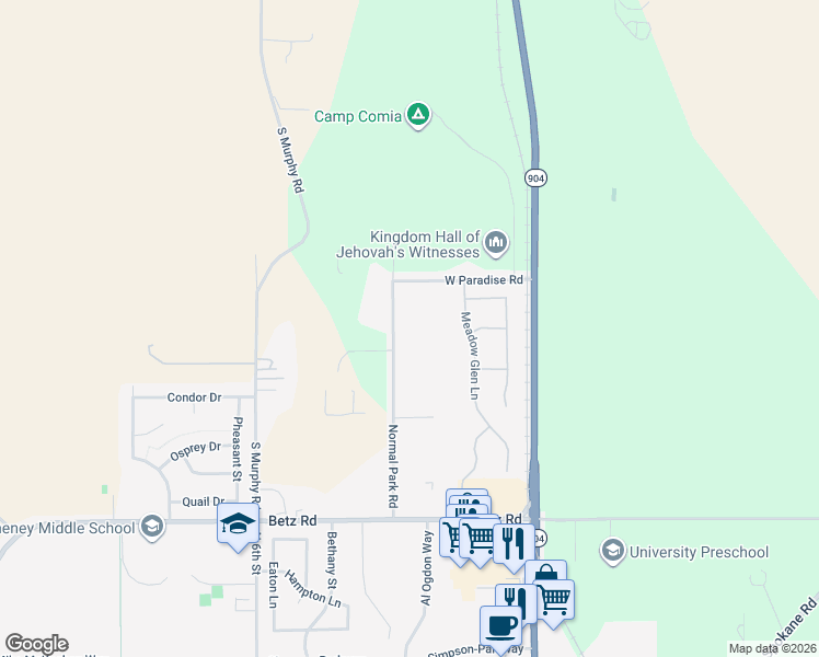 map of restaurants, bars, coffee shops, grocery stores, and more near 3425 Normal Park Road in Cheney