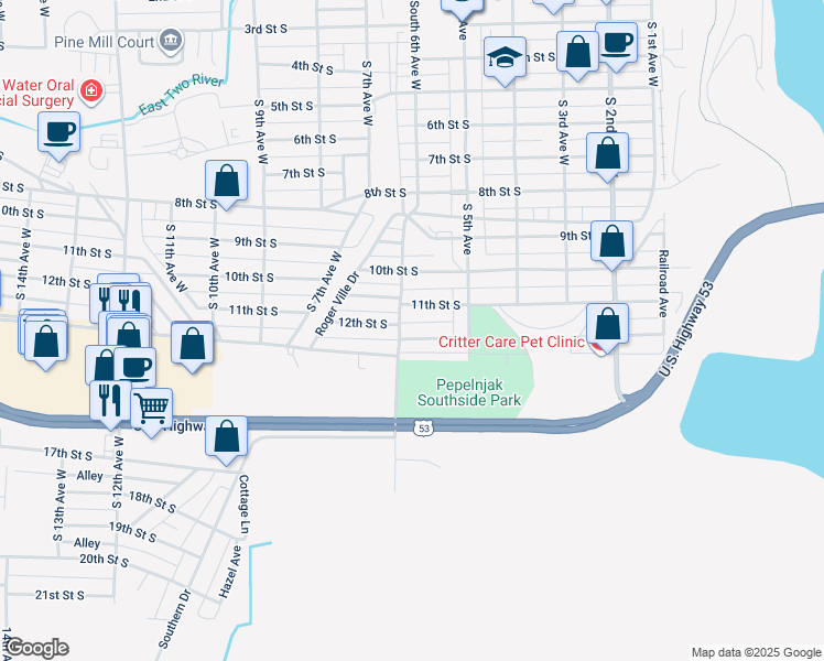 map of restaurants, bars, coffee shops, grocery stores, and more near 535 12th Street South in Virginia