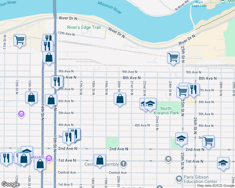 map of restaurants, bars, coffee shops, grocery stores, and more near 616 20th Street North in Great Falls