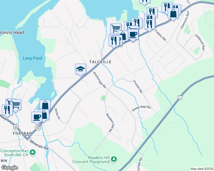 map of restaurants, bars, coffee shops, grocery stores, and more near 33 Anchorage Road in Conception Bay South
