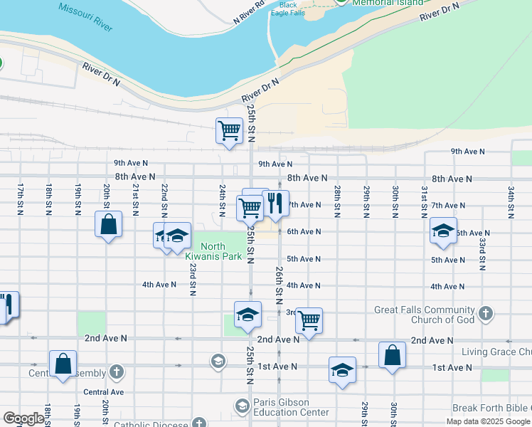 map of restaurants, bars, coffee shops, grocery stores, and more near 2505 6th Avenue North in Great Falls