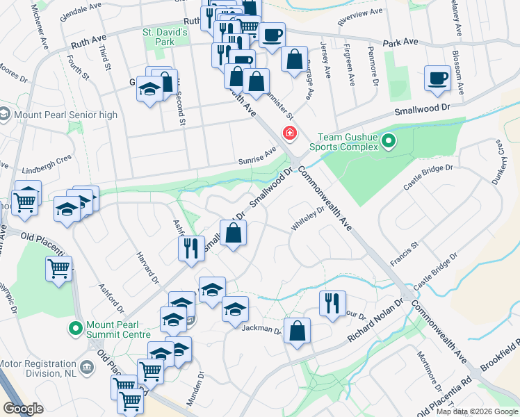 map of restaurants, bars, coffee shops, grocery stores, and more near 1 Jeffers Drive in Mount Pearl