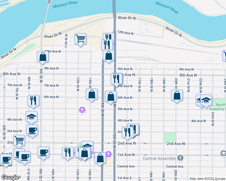 map of restaurants, bars, coffee shops, grocery stores, and more near 614 15th Street North in Great Falls
