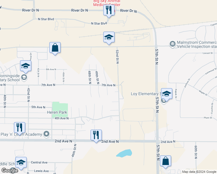 map of restaurants, bars, coffee shops, grocery stores, and more near 5106-5198 7th Avenue North in Great Falls