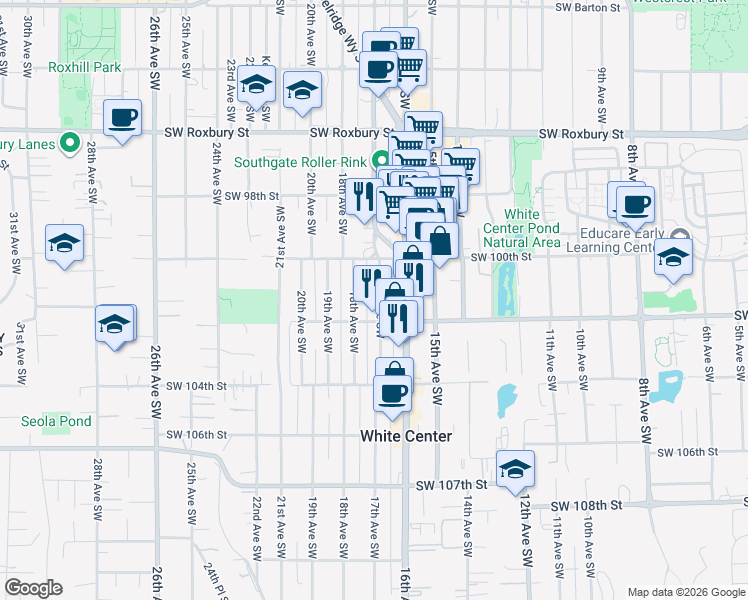 map of restaurants, bars, coffee shops, grocery stores, and more near 10043 17th Avenue Southwest in Seattle