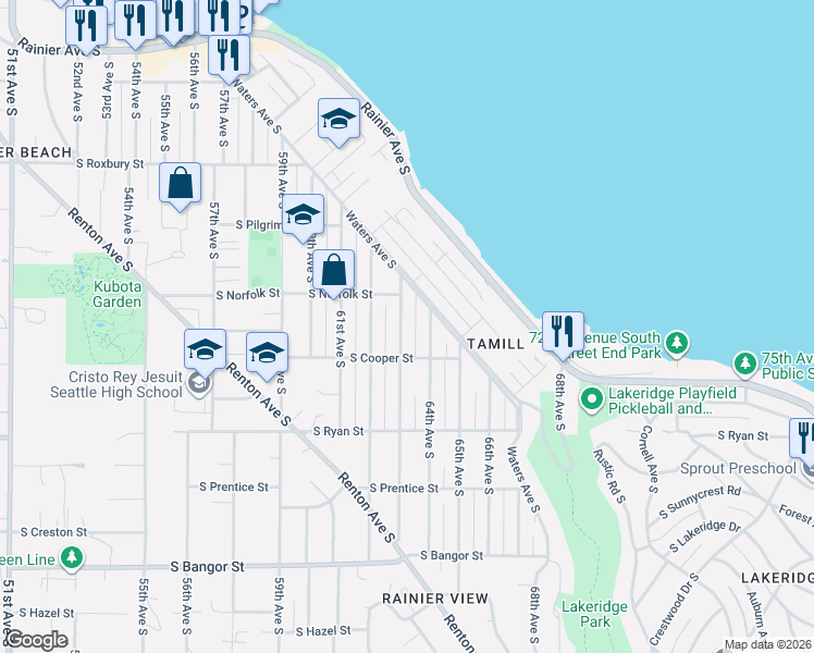 map of restaurants, bars, coffee shops, grocery stores, and more near 9828 63rd Avenue South in Seattle